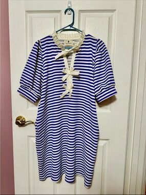 Betsey’s Boutique Shop Large NWOT Striped Blue and White Tie-Front Women's Dress